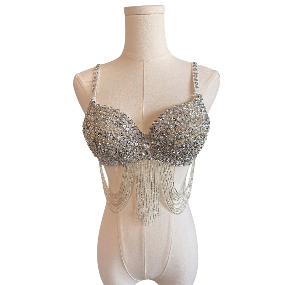 Silver Rhinestone Crystal Chain Fringe Bra Top 34/75 Burlesque Rave Showgirl
